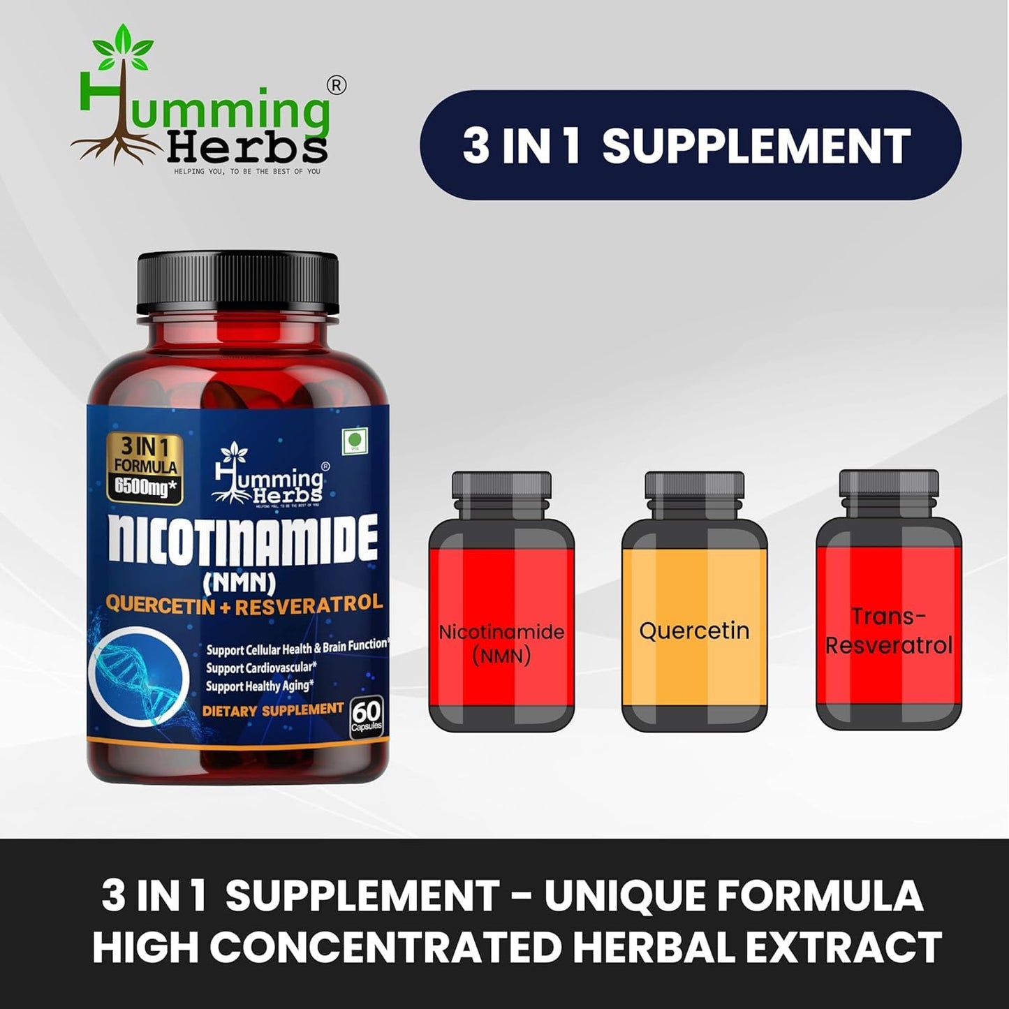 Humming Herbs NMN Nicotinamide Mononucleotide with Resveratrol & Quercetin | Supports Cellular Health, Boosts NAD+ Levels, Promotes Energy & Healthy Aging | Advanced Anti-Aging Formula 60 capsule