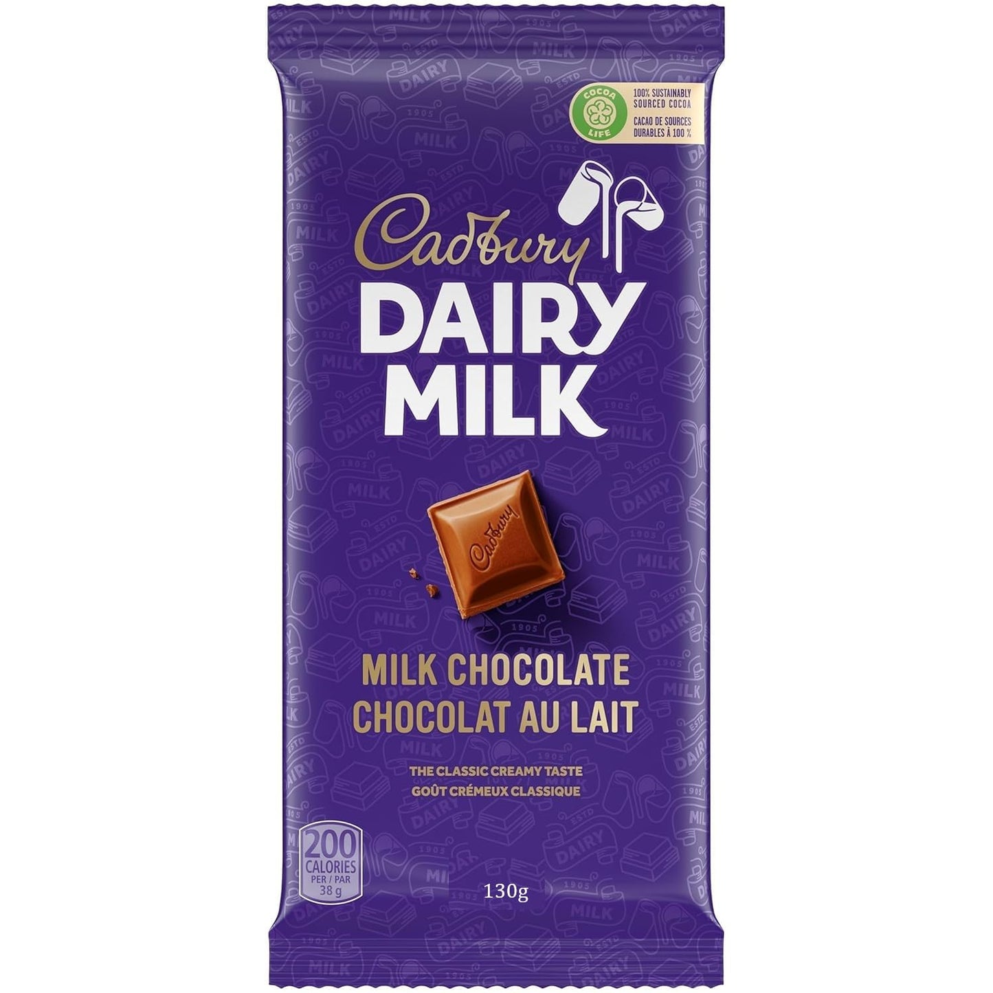 Cadbury Dairy Milk Classic Creamy Milk Chocolate Bar, 130g, Selection Of Decanet Foods Sustainably Sourced Cocoa 130g (From Malaysia)