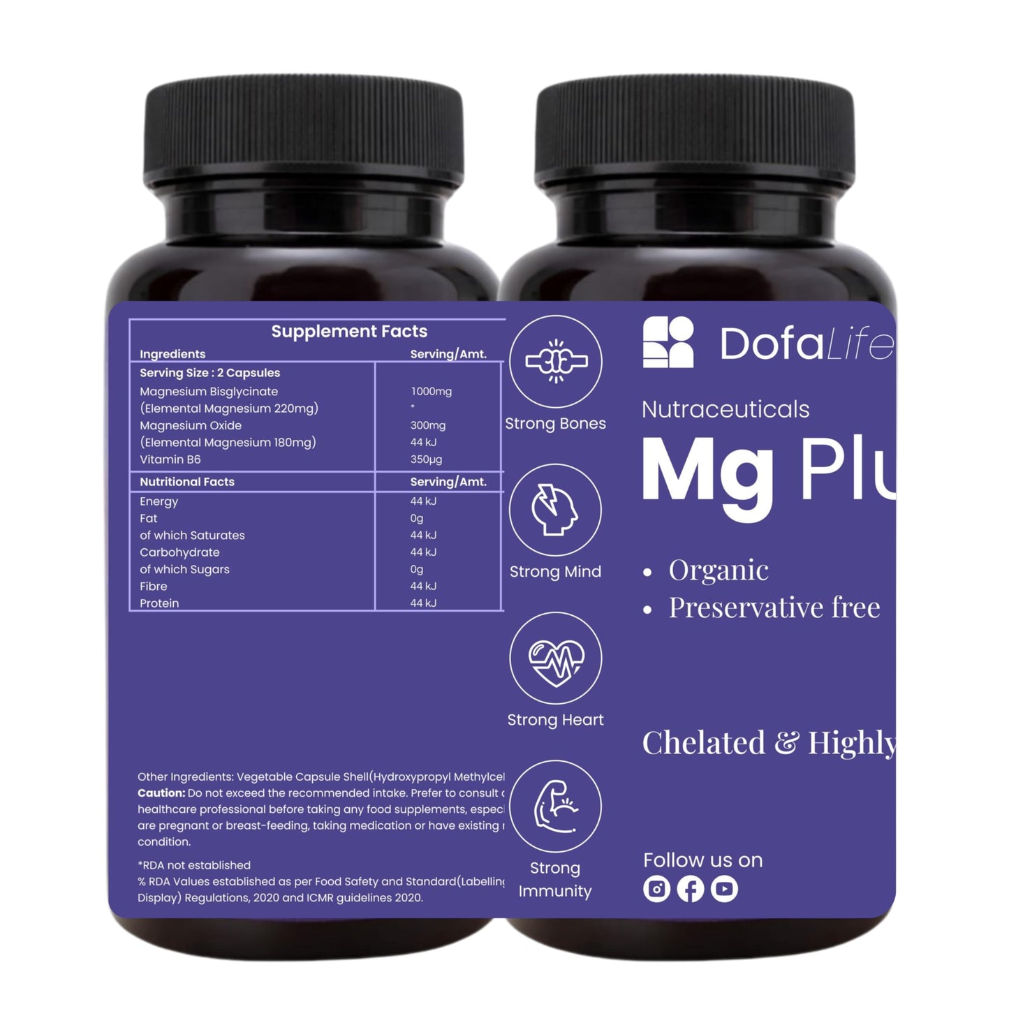 DofaLife Magnesium Glycinate Capsules 1000mg | Highly Absorbable Chelated Magnesium | Supports Muscle Recovery, Sleep, Bones & Nerve Health | 60 Veg Capsules