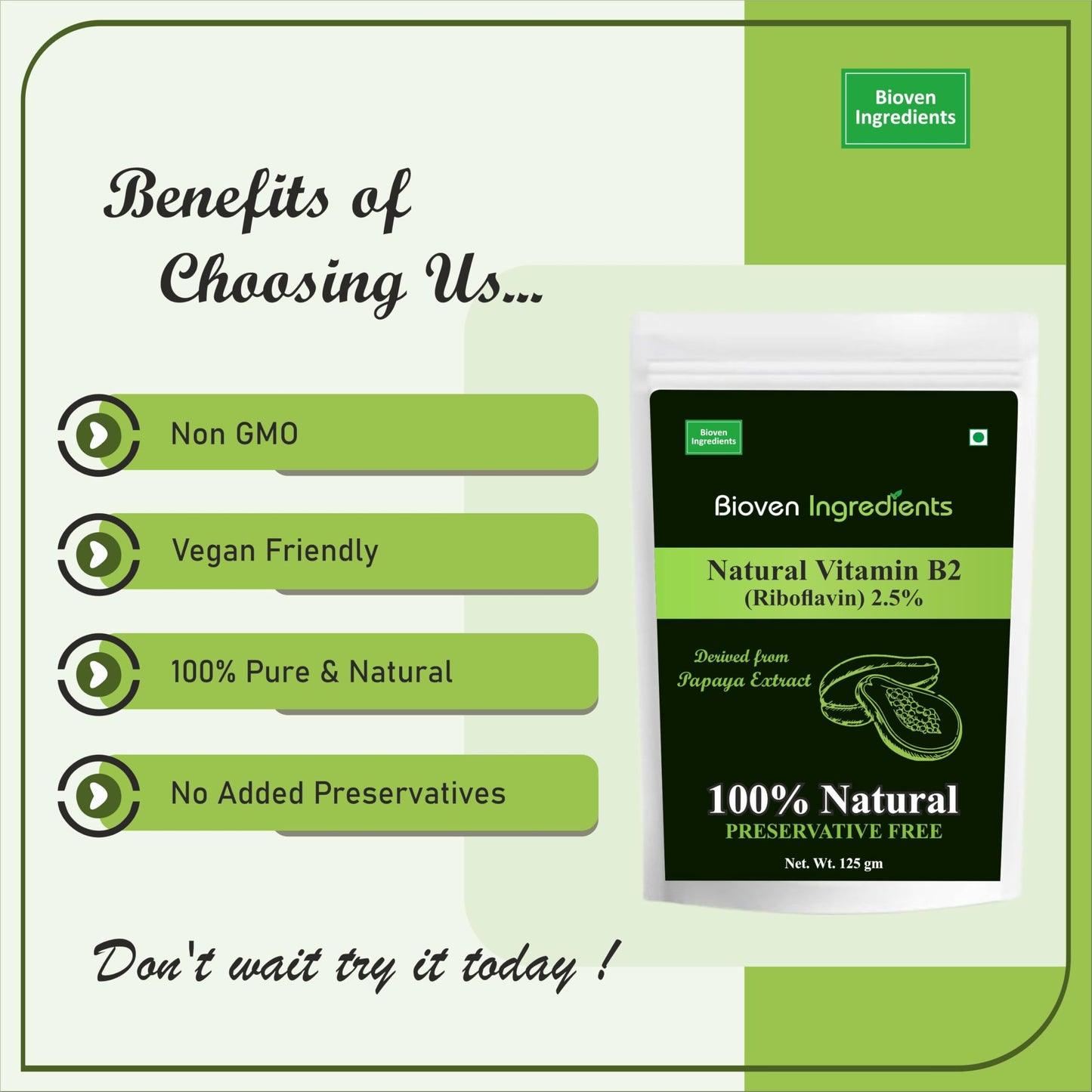 Natural Vitamin B2 Riboflavin Powder, Derived from 100% Natural & Organic Papaya Extract by Bioven Ingredients, Non-GMO Supplement, No Preservatives, Sugar, Gluten or Dairy Free Powder
