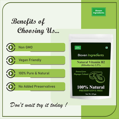 Natural Vitamin B2 Riboflavin Powder, Derived from 100% Natural & Organic Papaya Extract by Bioven Ingredients, Non-GMO Supplement, No Preservatives, Sugar, Gluten or Dairy Free Powder