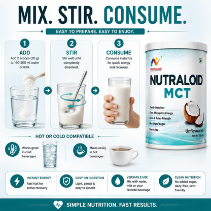 NUTRALOID MCT Powder 200g | Medium Chain Triglycerides Supplement for Instant Energy | Keto & Paleo Friendly | No Added Sugar | Dairy Free | Unflavoured Coconut MCT Powder