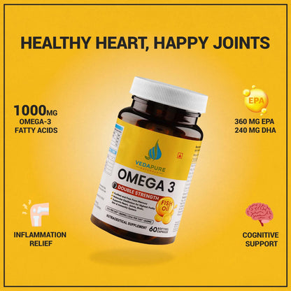 VEDAPURE |Fish Oil Omega 3 Fatty Acid Capsules for Men & Women 1000 mg with Vitamin E & D3 |360 EPA & 240 DHA | No Fishy Burp | Support Healthy Heart, Eyes & Joints- 60 Softgel