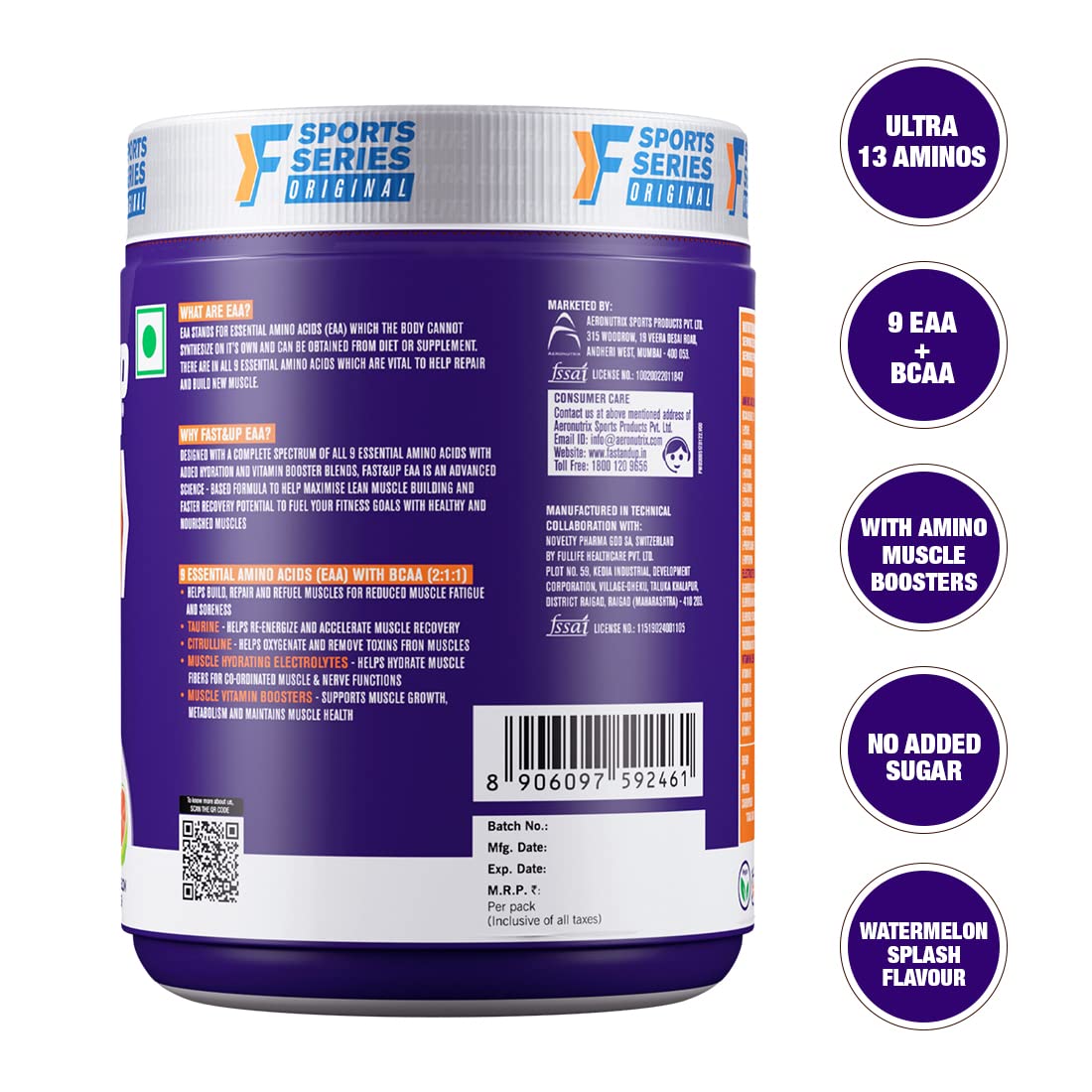 FAST&UP EAA Intra - Training/Workout drink (EAAx9) with BCAA+Electrolyte Blend+Vitamin Booster helps provide Muscle Recovery All 9 Essential Amino Acid- 30 servings (Watermelon Splash), Purple,Powder