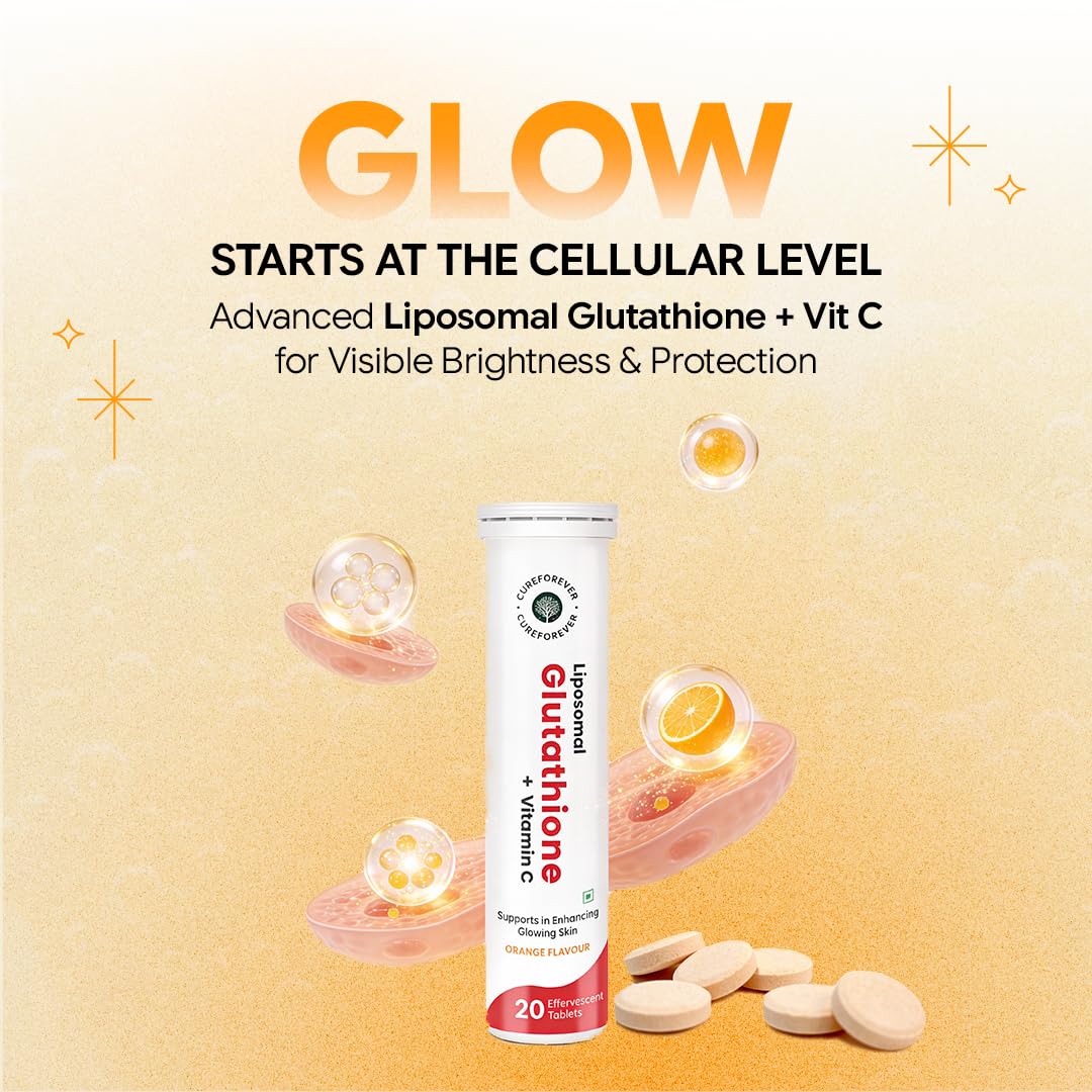 CUREFOREVER Glutathione Effervescent Tablets, 40 Tablets with Vitamin C, Liposomal Glutathione 500mg for Antioxidant Support, Skin Glow & Radiance Support, Detox Support