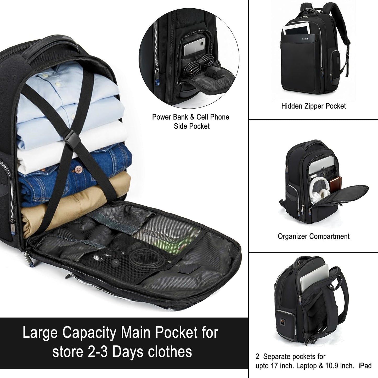HORNBULL Travel Backpack for Men 45L Large Heavy Duty Office Travel Laptop Bag Fit Upto 17" Laptop 1680D Polyester Water-resistant Padded Overnight Laptop/Clothes Bag with Multi-Pocket, Black