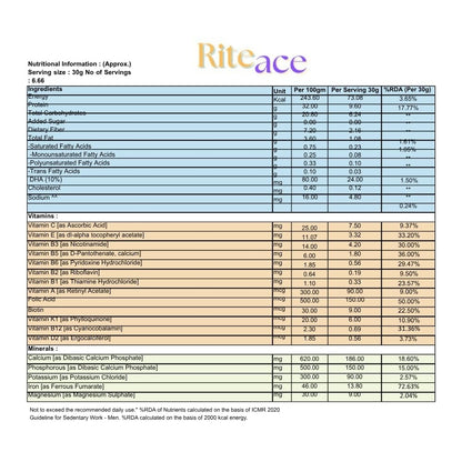 RITE AID HEALTH CARES Riteace Nutraceutical Protein Powder 200g | Vanilla Flavor | With DHA, Multivitamins & Multiminerals | Daily Nutrition & Energy Wellness Supplement