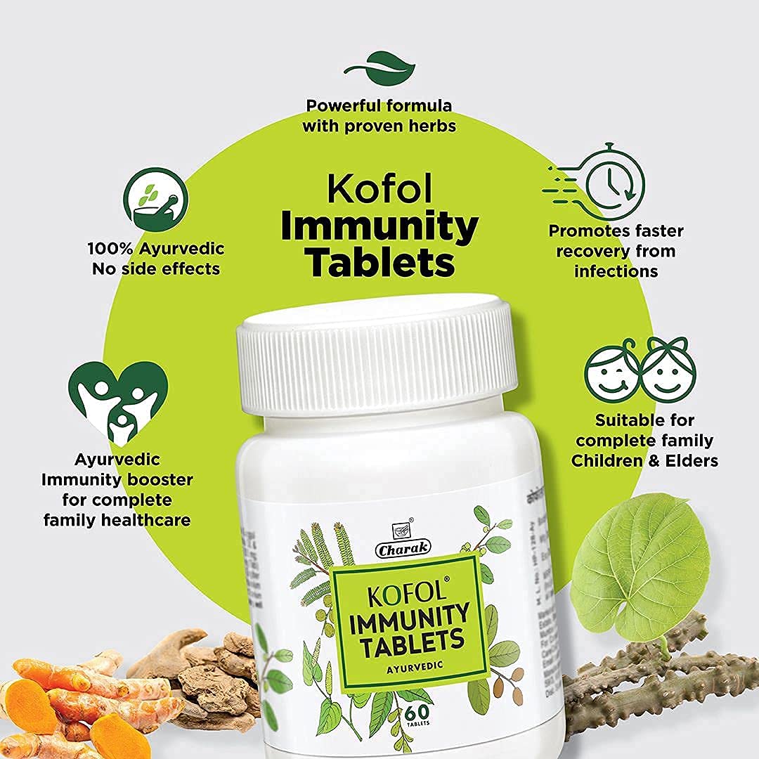 Charak Kofol Immunity Tablets, 60 Tablets With Goodness Of Giloy, Haldi, Pippali & Shunti, Immunity Enhancer For Complete Family, Children & Elders 60 Tab (Pack of 1)