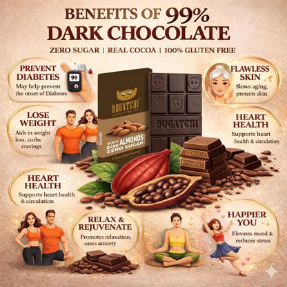 BOGATCHI Premium 99% Dark Chocolate with Almonds, 60g | Intense Real Cocoa Dark Chocolate Bar | Rich Antioxidant Gourmet Chocolate | Roasted Almonds | No Artificial Flavours | Indulgent Healthy Snack