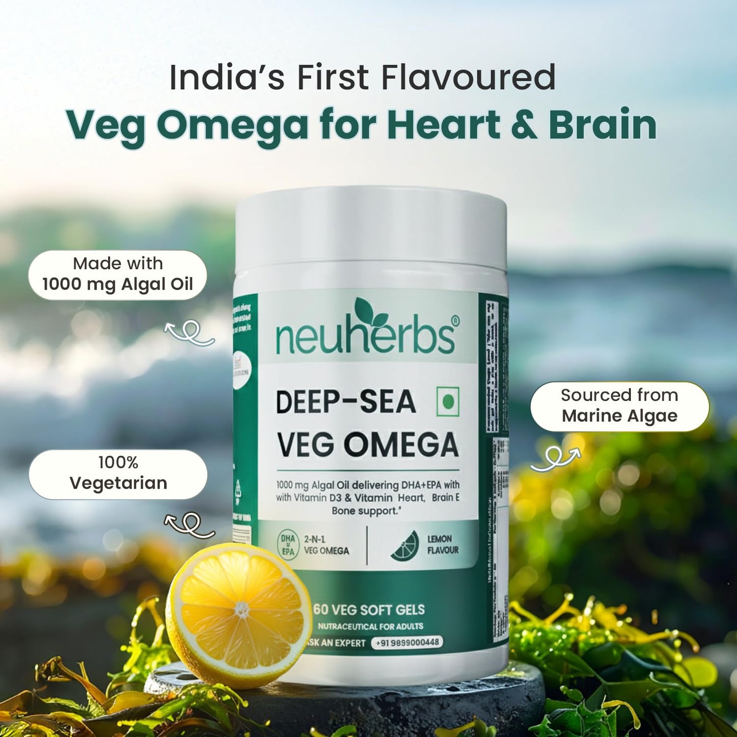 Neuherbs Deep-Sea Veg Omega 3 Supplement | 1000mg Algal Oil | Omega3 Vegetarian Capsules | Supports Heart, Brain, Skin & Bone Health | 100% RDA Vitamin D3 & E | Heavy Metals Tested - 60 Veg Softgels