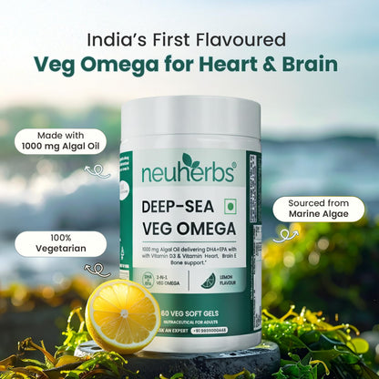 Neuherbs Deep-Sea Veg Omega 3 Supplement | 1000mg Algal Oil | Omega3 Vegetarian Capsules | Supports Heart, Brain, Skin & Bone Health | 100% RDA Vitamin D3 & E | Heavy Metals Tested - 60 Veg Softgels