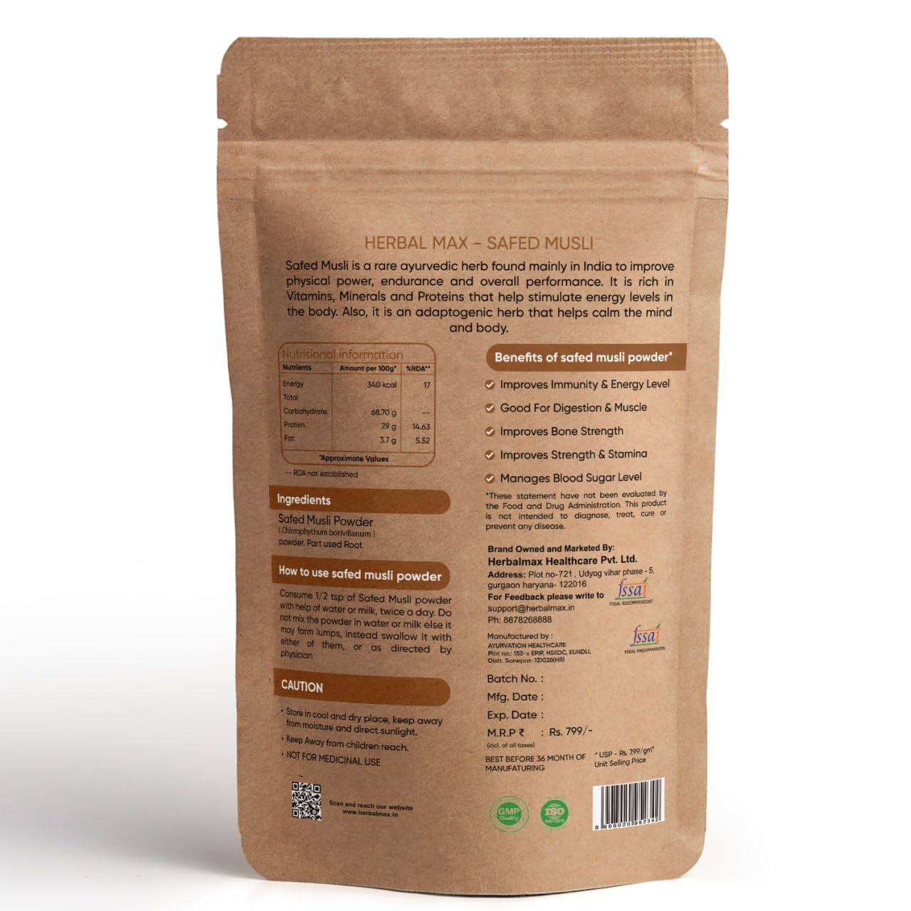 Herbal max Organic Safed Musli Root Powder | Ayurvedic Support for Vitality & Performance | Herbal Supplement | Strength & Stamina - 100 gm (Pack Of 2)