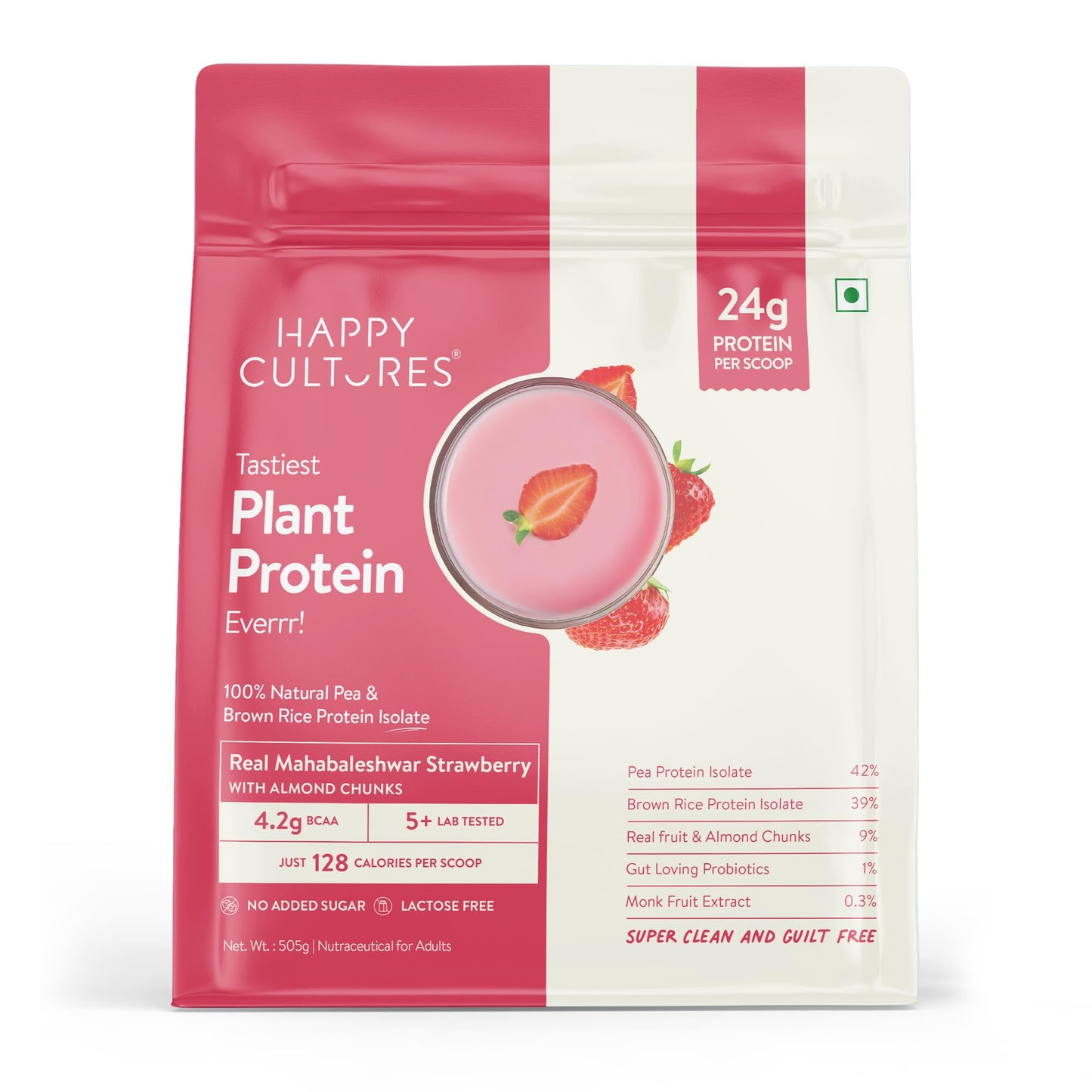 Happy Cultures 24g Tastiest Plant Protein| Mahabaleshwar Strawberry & Almond Chunks| No Added Sugar| Pea & Brown Rice Protein Isolate| Vegan| 20 Complete Amino Acids| Monk Fruit Extract| Women & Men| No Bloating, Easy to Digest| Dairy Free with Probiotics