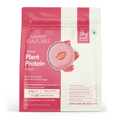 Happy Cultures 24g Tastiest Plant Protein| Mahabaleshwar Strawberry & Almond Chunks| No Added Sugar| Pea & Brown Rice Protein Isolate| Vegan| 20 Complete Amino Acids| Monk Fruit Extract| Women & Men| No Bloating, Easy to Digest| Dairy Free with Probiotics