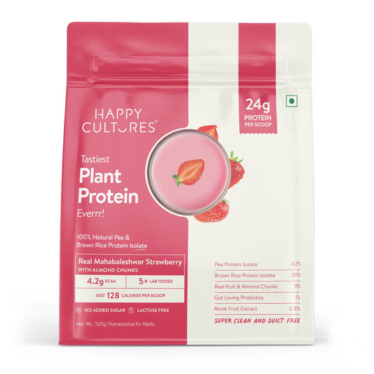 Happy Cultures 24g Tastiest Plant Protein| Mahabaleshwar Strawberry & Almond Chunks| No Added Sugar| Pea & Brown Rice Protein Isolate| Vegan| 20 Complete Amino Acids| Monk Fruit Extract| Women & Men| No Bloating, Easy to Digest| Dairy Free with Probiotics
