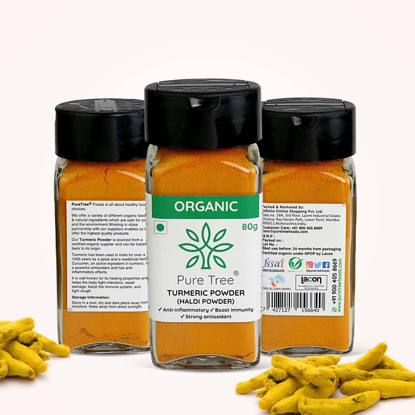 Pure Tree Certified Organic Haldi Powder | 80 g | Glass Jar | Turmeric Powder | Spice Masala Powder Raw for Milk | Strong Antioxidant