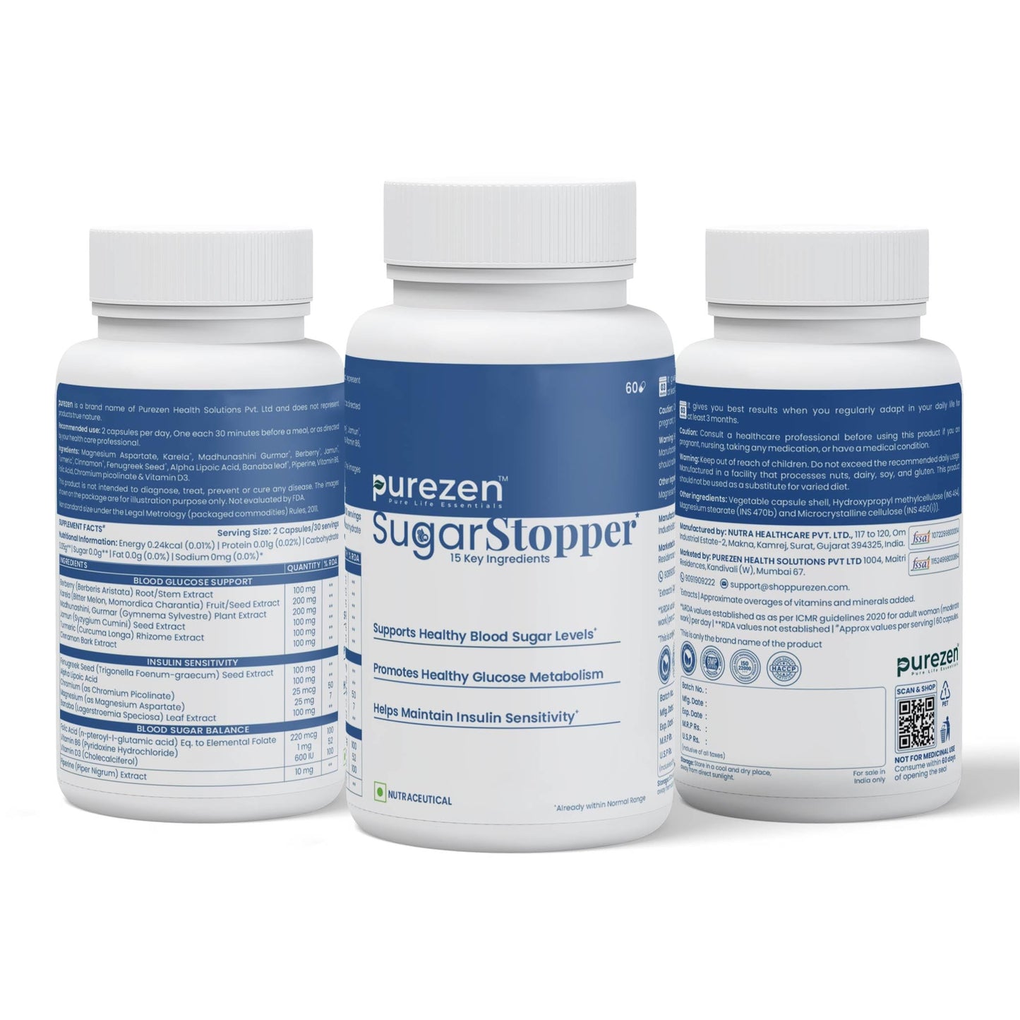 Purezen SugarStopper | Blood Sugar & Diabetes Wellness Supplement with Gymnema, Berberine, Bitter Melon & ALA | 60 Capsules