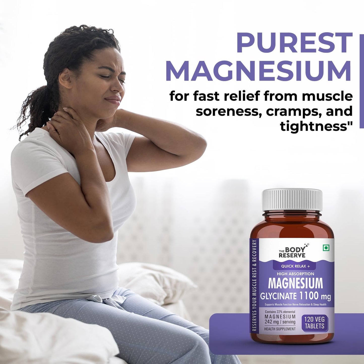 The Body Reserve Magnesium Glycinate Supplement - 120 Veg Tablets, 1100mg Per Serving, High Absorption Chelated Form - Muscle & Nerve Health, Relaxation for Men & Women