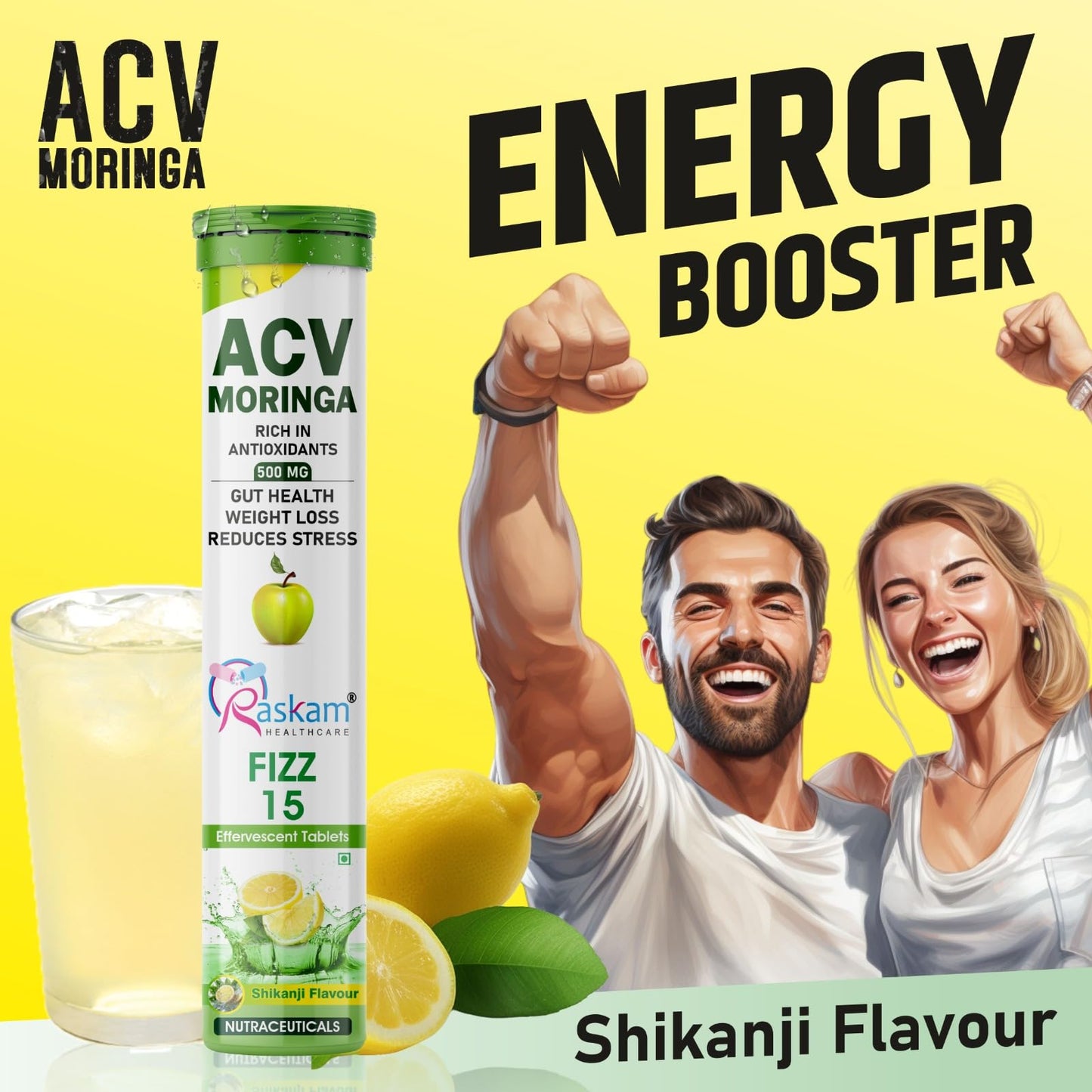 Raskam ACV Moringa Effervescent Tablets | 15 Tablets, 500mg Natural Energy & Immunity Booster with Antioxidants (Shikanji) Pack of 1