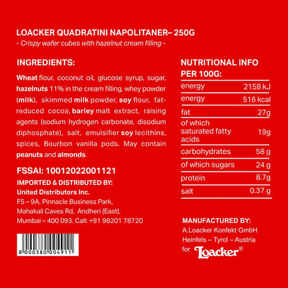 Loacker Quadratini Napolitaner(Milk, Hazelnut)250G,Italy, 0.25 Kg