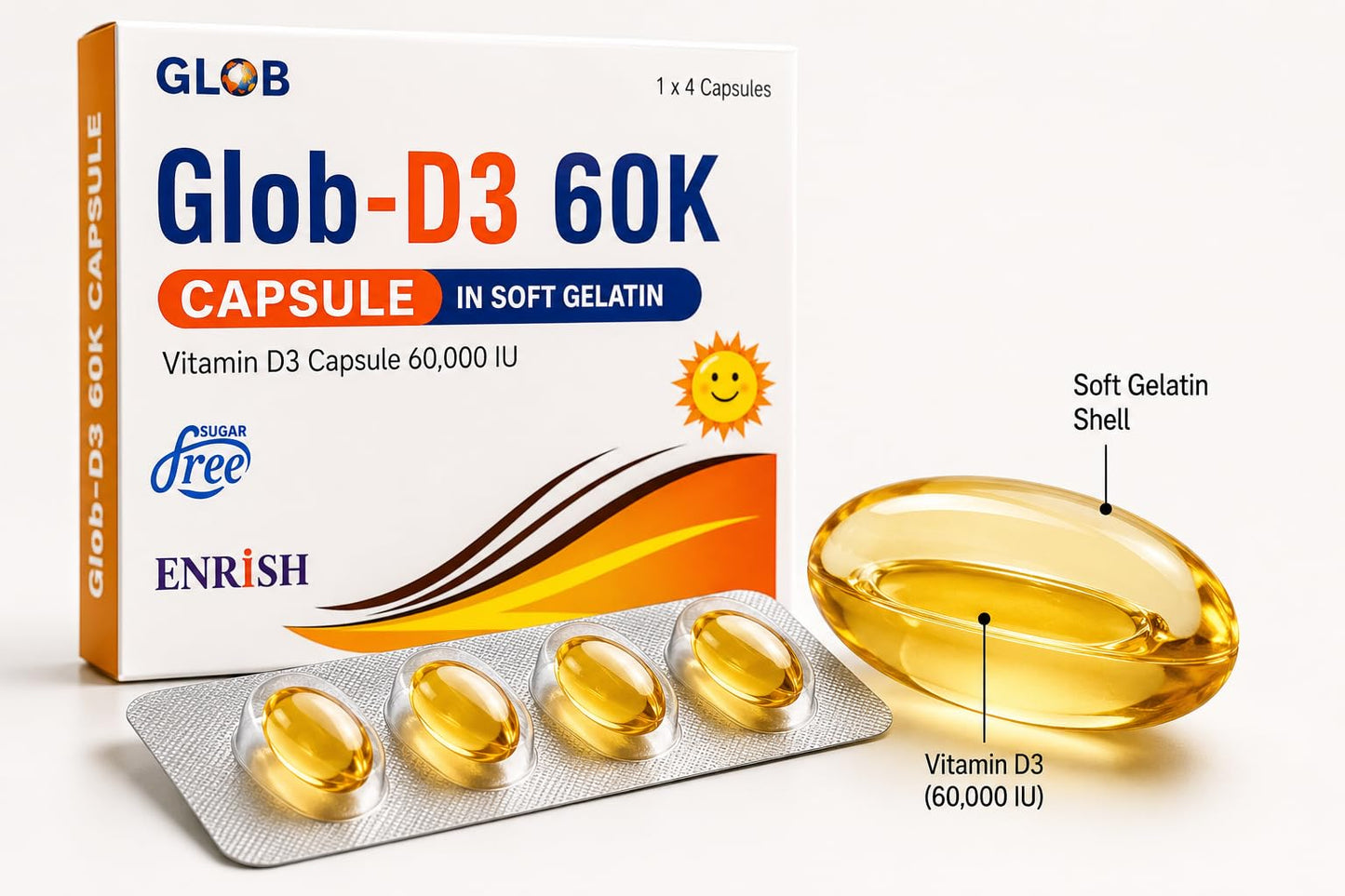 GLOB D3 60K Cholecalciferol Vitamin D3 60000 IU Softgel Capsules Once Weekly Use Pack of 5