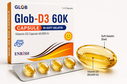 GLOB D3 60K Cholecalciferol Vitamin D3 60000 IU Softgel Capsules Once Weekly Use Pack of 5