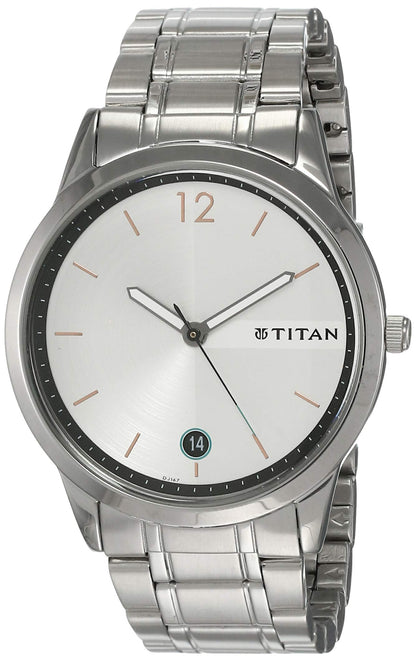 Titan Quartz Analog with Date White Dial Stainless Steel Strap Watch for Men-NP1806SM01