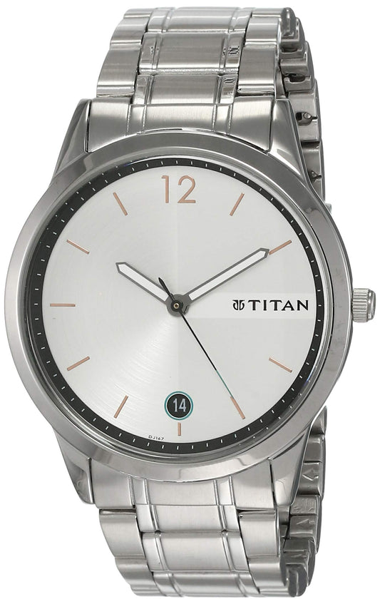 Titan Quartz Analog with Date White Dial Stainless Steel Strap Watch for Men-NP1806SM01