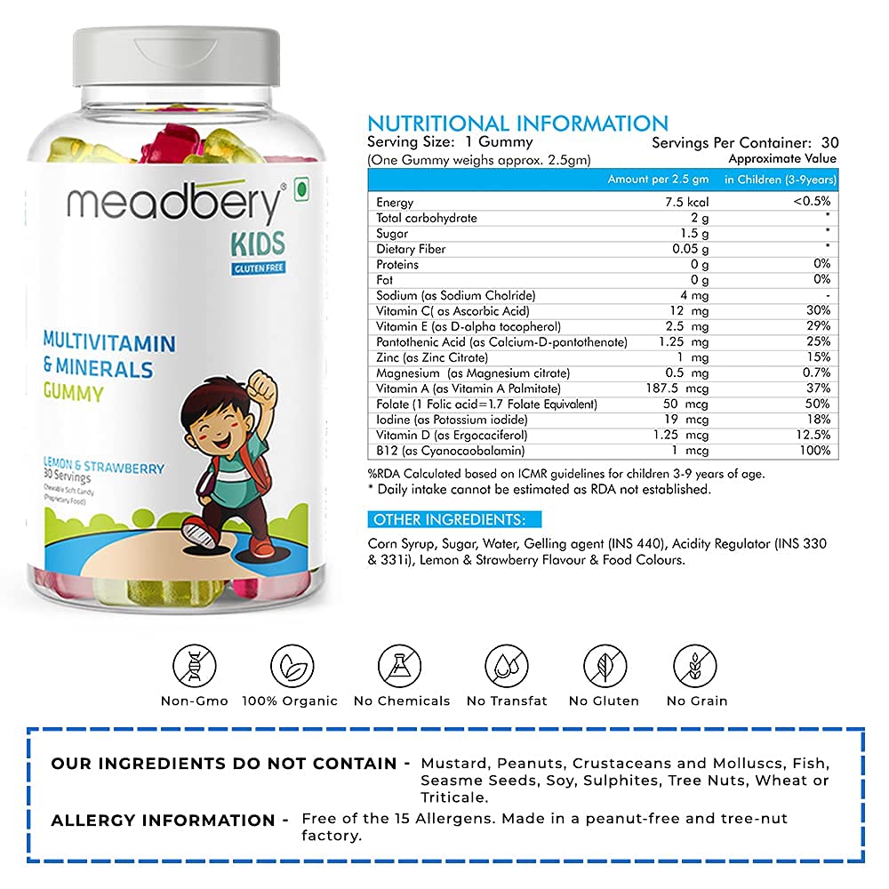 Meadbery Multivitamin And Mineral Gummy Bears (30 Gummy Bears, Pack Of 1) Jelly Glutenfree Formula With Vitamin C Vitamin D Vitamin B12 B6 Zinc For Kids Growth Development Immunity