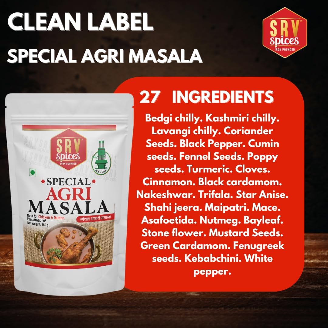 SRV SPICES (iron pounded) Special Agri Masala | Mild Spicy & Rich In Colour| 57 Years Of Experience| Agri Fish Fry/Curry recipes | Agri Chicken/Mutton Spice Blend/Powder(100g)
