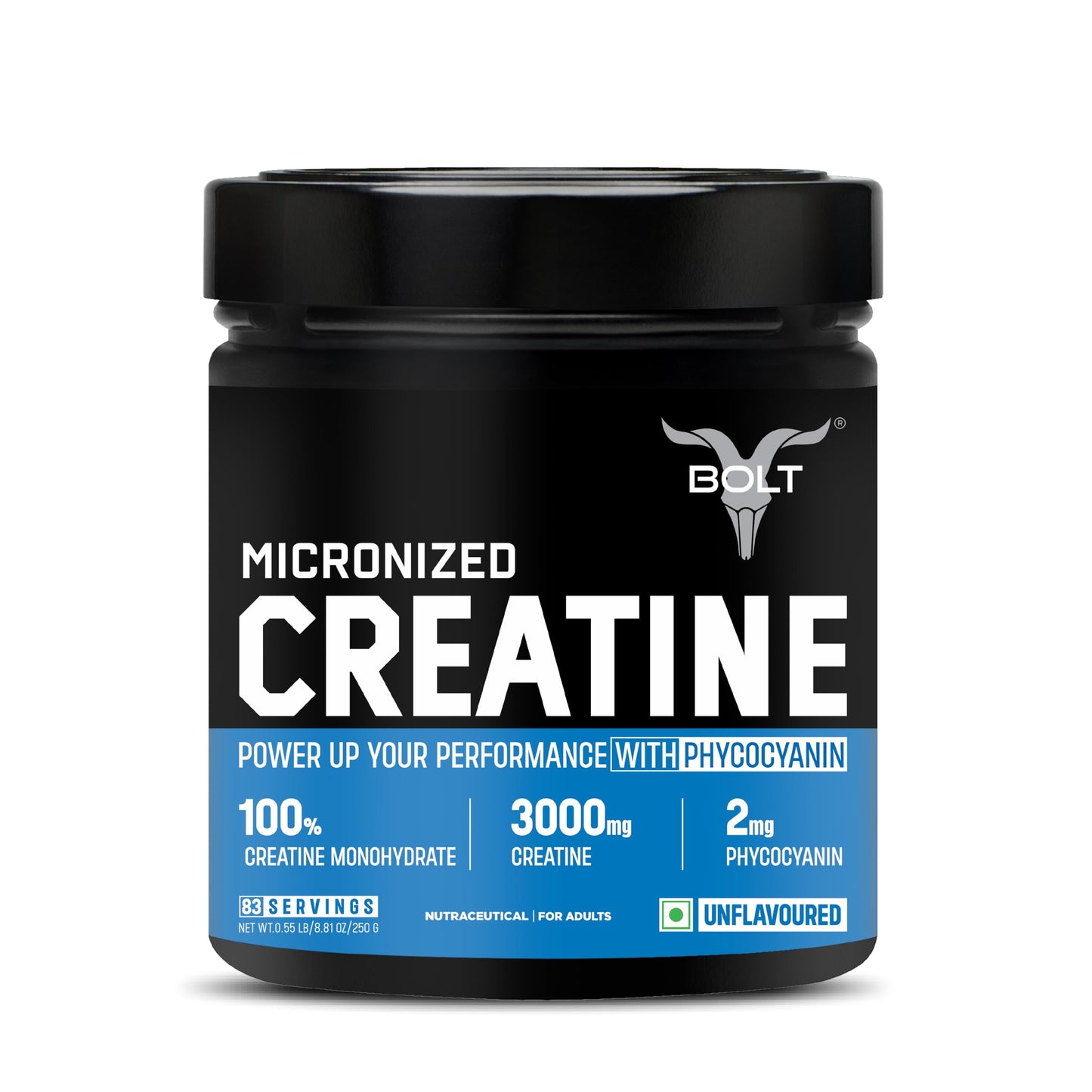 Bolt Micronised Creatine Monohydrate 3000 Powder|With Phycocyanine|Boosts Athletic Performance|Provides Energy Support For Heavy Workout|Formulated In Usa| 250 grams (0.55Lb),83 Serving|Unflavored