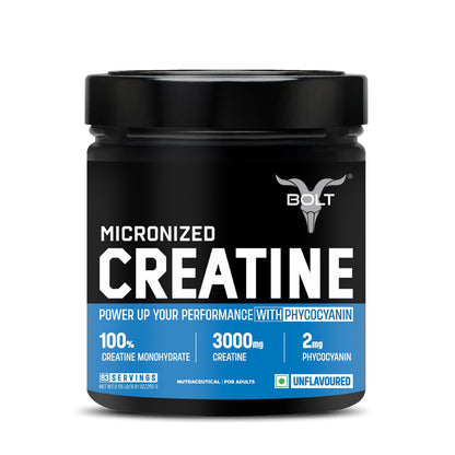 Bolt Micronised Creatine Monohydrate 3000 Powder|With Phycocyanine|Boosts Athletic Performance|Provides Energy Support For Heavy Workout|Formulated In Usa| 250 grams (0.55Lb),83 Serving|Unflavored
