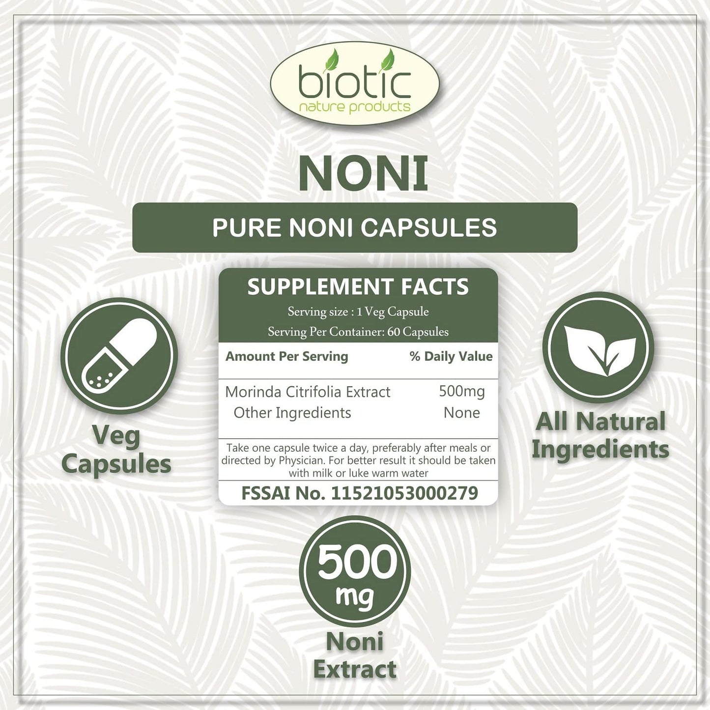 Biotic Noni Capsules - Morinda citrifolia - 500mg Extract - 60 Veg Capsules