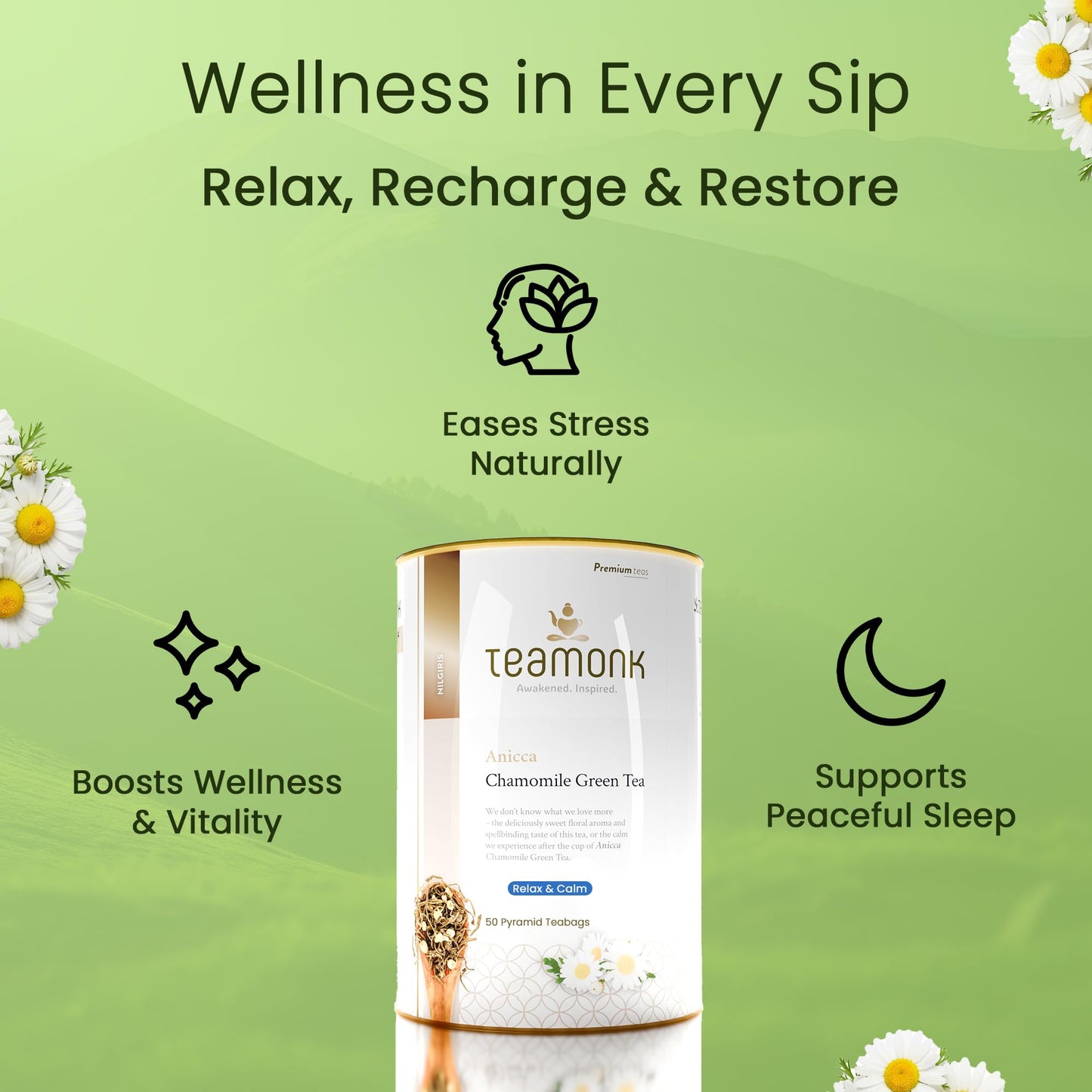 Teamonk Anicca High Mountain Chamomile Green Tea Bags (50 Pyramid Bags) | Relaxation & Sleep Aid, Rich in Antioxidants, Stress Relief | Gluten-Free, Eco-conscious | Calming Gifts For Anxiety