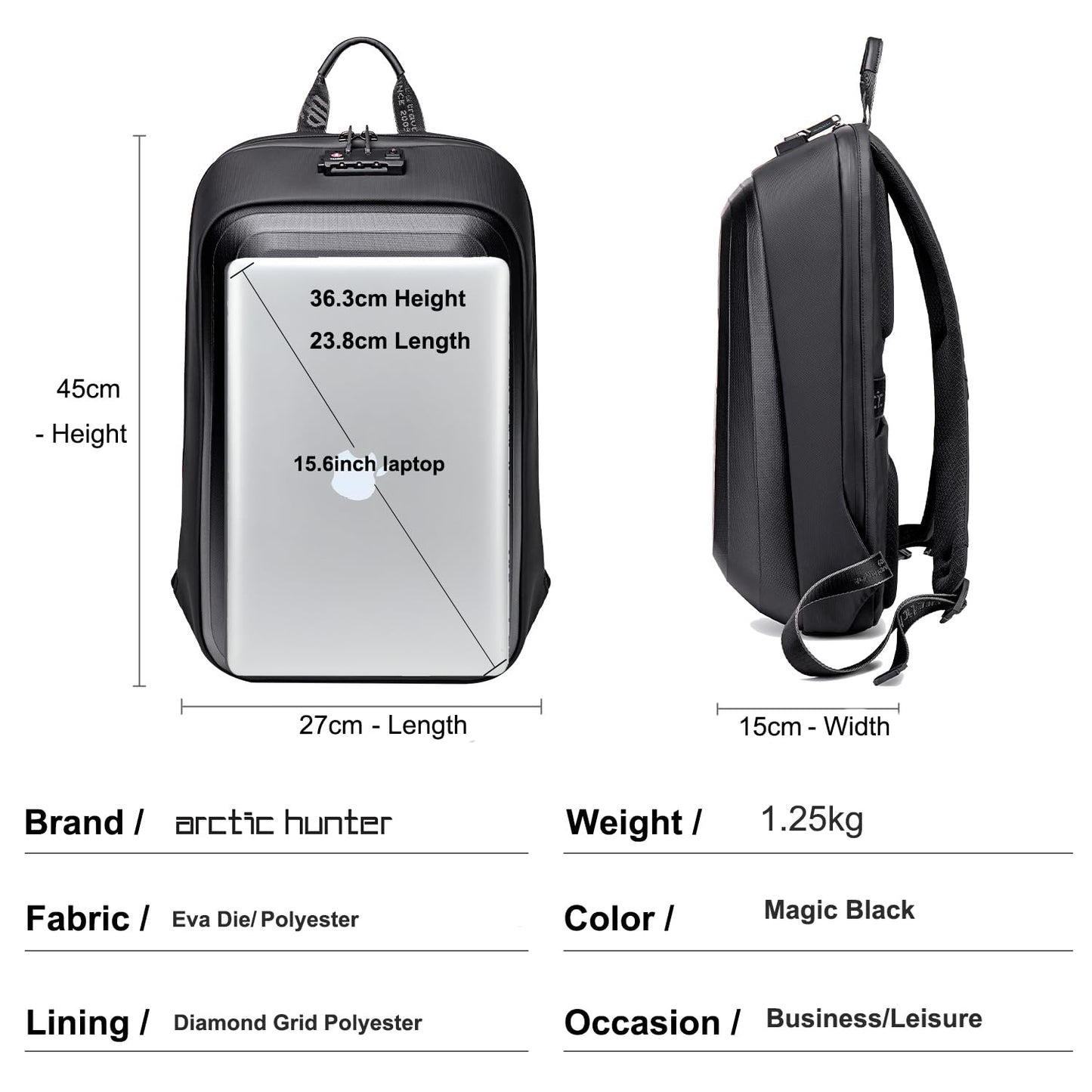 Arctic Hunter Slim Backpack for Men 18L Semi-hard 15.6" Laptop Bag Anti-theft Backpack with Lock with Inner Bottle Pocket Water-resistant Smart Gaming Backpack for Business Daily College Use, Black