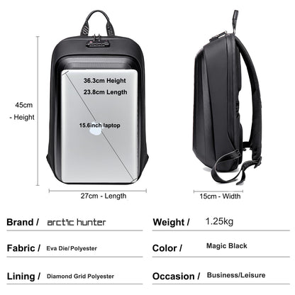 Arctic Hunter Slim Backpack for Men 18L Semi-hard 15.6" Laptop Bag Anti-theft Backpack with Lock with Inner Bottle Pocket Water-resistant Smart Gaming Backpack for Business Daily College Use, Black