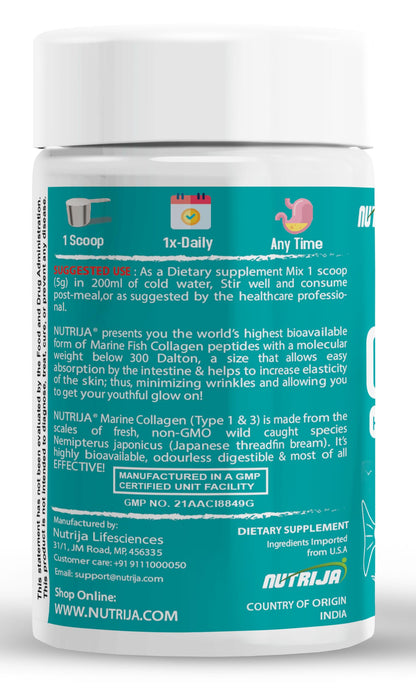 NutriJa Marine Collagen Peptides – Hydrolyzed Fish Collagen - Highly Bioavailable - 100g | Clinically Proven Ingredient with 95% Protein, Supports Healthy Skin, Hair, Nails, Bone & Joint -Unflavoured