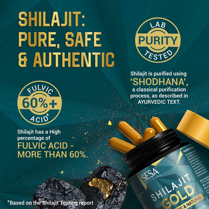 SESA Shilajit Gold 30 Capsules with 60%+ Fulvic Acid 100% Natural Ayurvedic Shilajit Extract Helps Boost Stamina & Strength, 30 Capsules