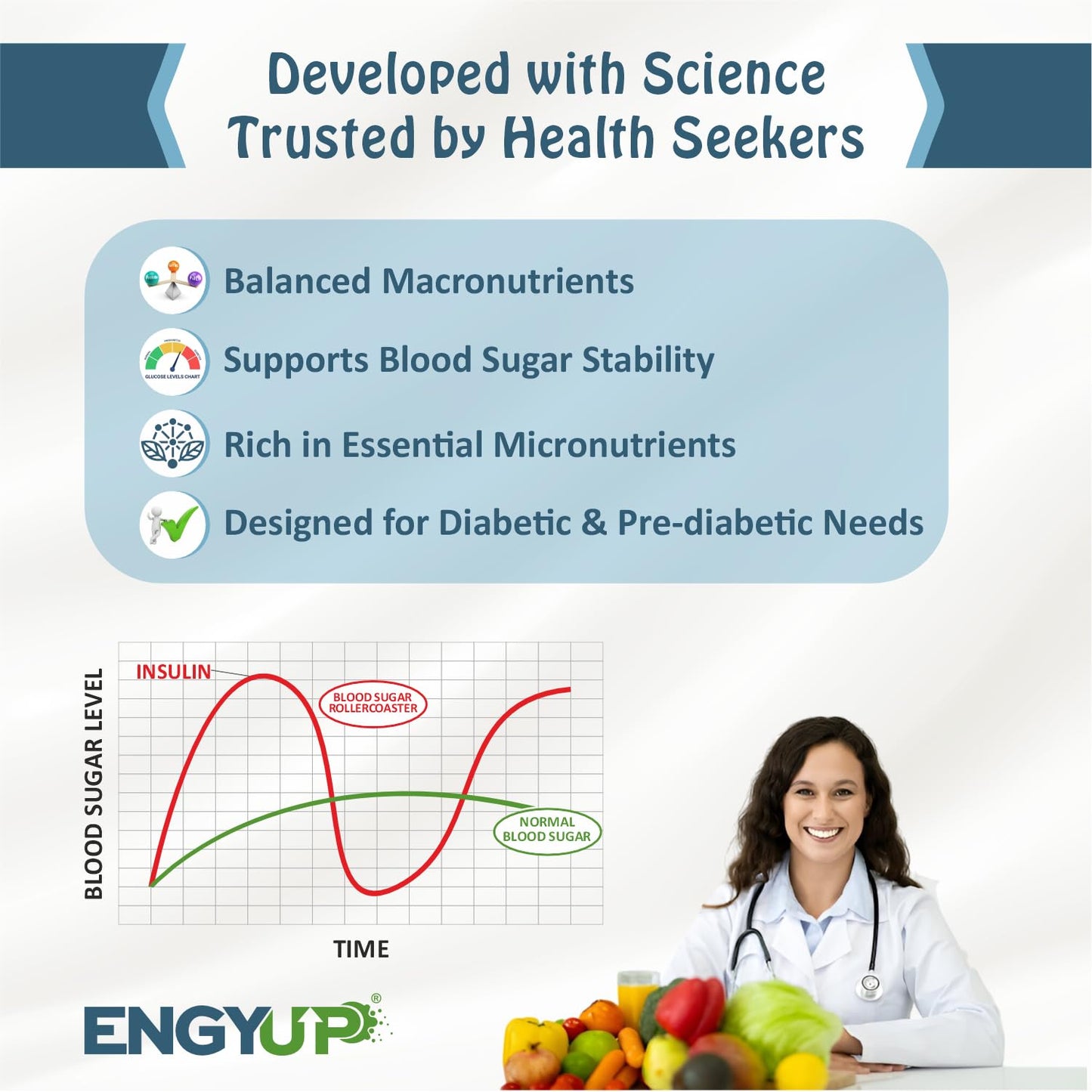 ENGYUP Diabetes Care Powder – Triple Blend Protein with Low GI & Zero Added Sugar, Vanilla Flavor, 400g