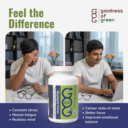Goodness of Green Stress Relief Capsules with Tulsi & Ashwagandha, Natural Stress & Anxiety Support, Enhances Sleep Quality, Focus & Emotional Balance, 100% Pure, Vegan, Gluten-Free, 30 Veg Capsules