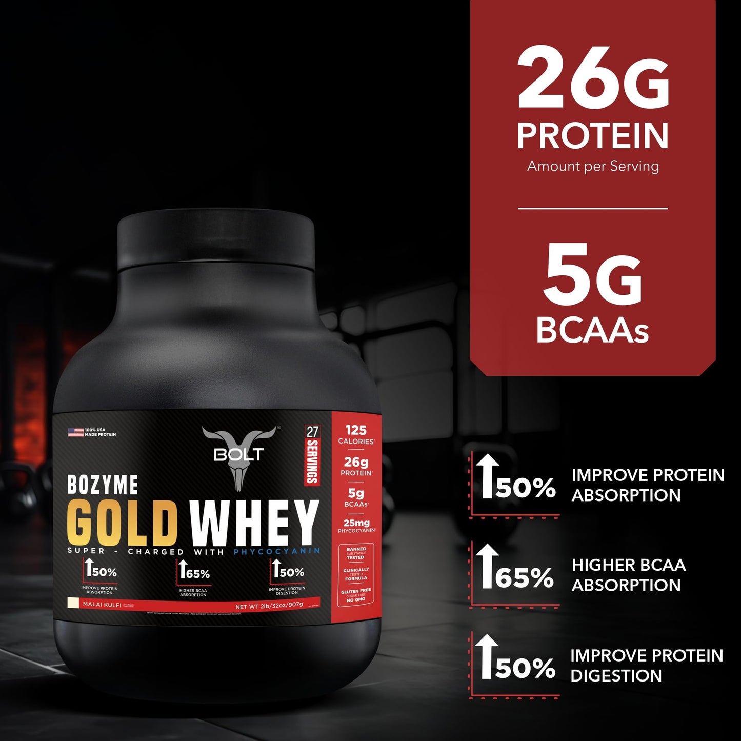 Bolt Bozyme Gold Whey Potein Powder With Superfood Phycocyanin | 26 gm protein | 5g BCAA| 2lb/907gm (27 Servings) | Malai Kulfi