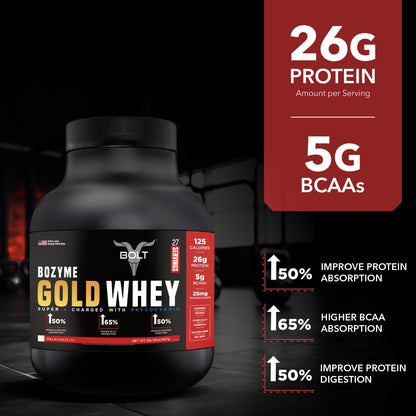 Bolt Bozyme Gold Whey Potein Powder With Superfood Phycocyanin | 26 gm protein | 5g BCAA| 2lb/907gm (27 Servings) | Malai Kulfi