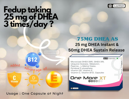 One More XT Sustained Release DHEA 75mg | Dehydroepiandrosterone 75mg (25mg IR+50mg SR) | Ubiquinol Acetate (Coenzyme Q10), Melatonin, L methyl folate, Vitamin E, C, D2, B12, B6, Piperine for men & women -30 Capsules