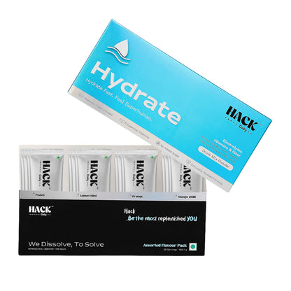 Hack Daily Hydrate Electrolyte Powder 28 Sachets, Zero Added Sugar Hydration Drink Mix with 6 Essential Electrolytes, Vitamin C & B12, Multi Flavor, for Summer Hydration, Workout Recovery & Travel Wellness (Peach, Mango Chilli , Lemon mint & Orange)