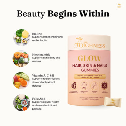 Her Highness GLOW Hair Skin & Nails Gummies for Women | 30 Gummies | Biotin, Vitamin B Complex, Vitamins A, C, D, E, Folic Acid, Nicotinamide | Healthy Hair, Radiant Skin & Strong Nails Support | No Added Sugar | No Added Preservatives | 100% Veg | Cranbe