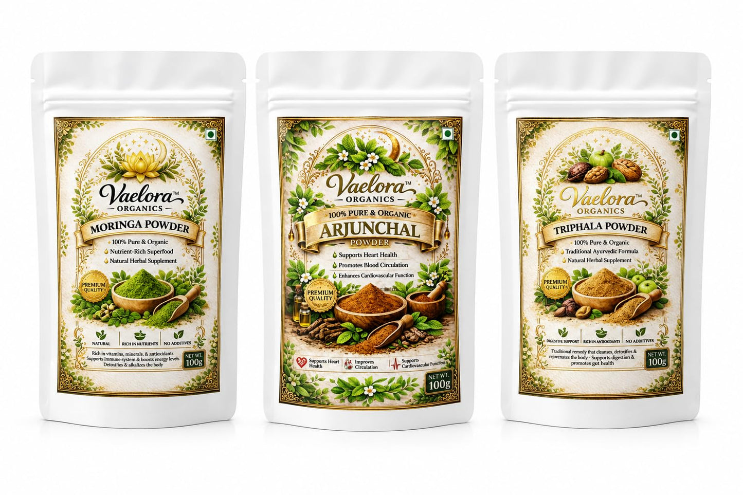 Vaelora Organics Neem Powder + Arjun Chhal Powder + Triphala Powder Combo (100g Each) | 100% Pure & Natural Ayurvedic Herbal Powders | Supports Skin Care, Heart Wellness & Digestion | No Additives