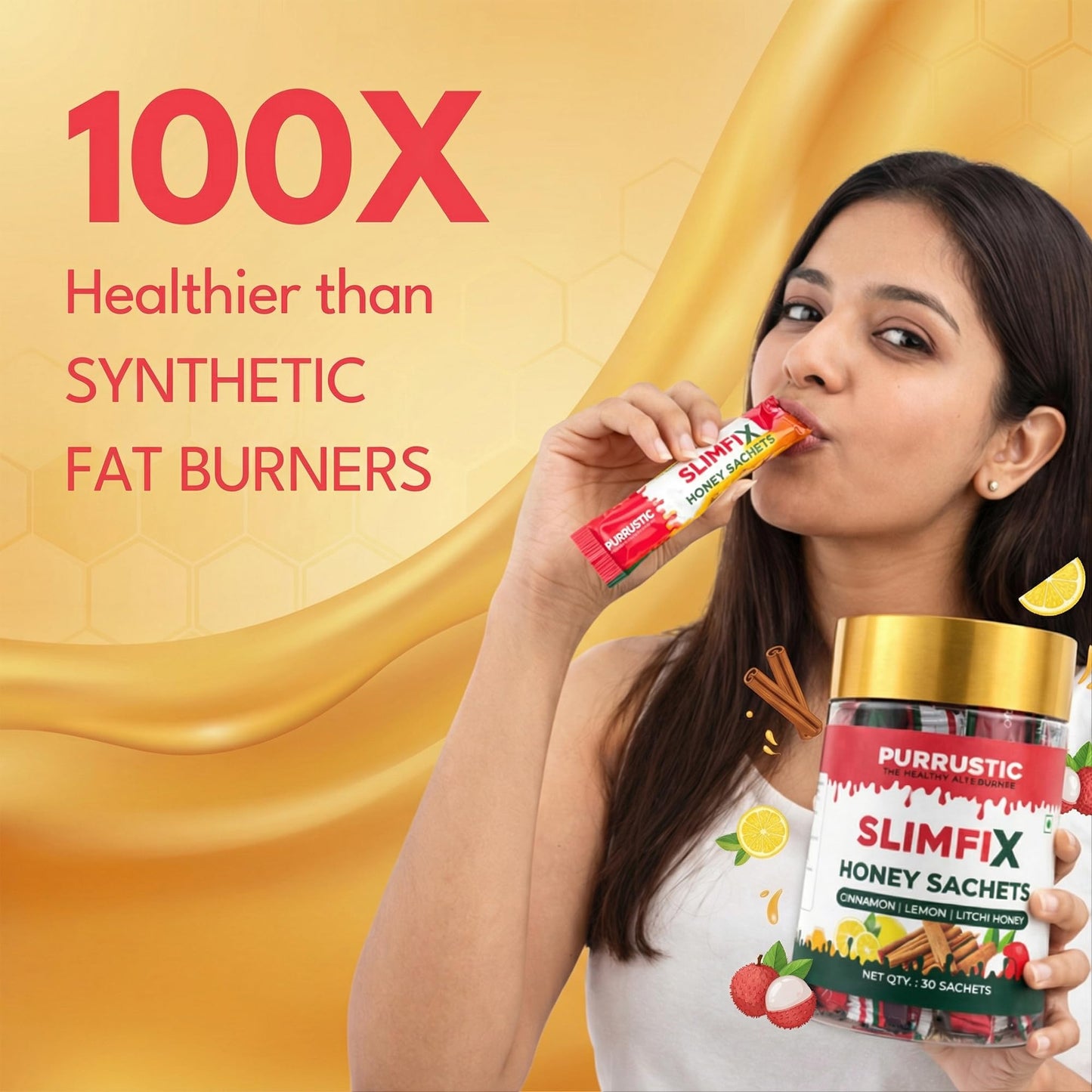 PURRUSTIC SLIMFIX HONEY SACHET Natural Weight Loss Through 9 Ayurvedic Herbs, Control Metabolism and Digestion, Natural Juice from Triphala, Turmeric & Dandelion, No Added Sugar (60 SACHETS)