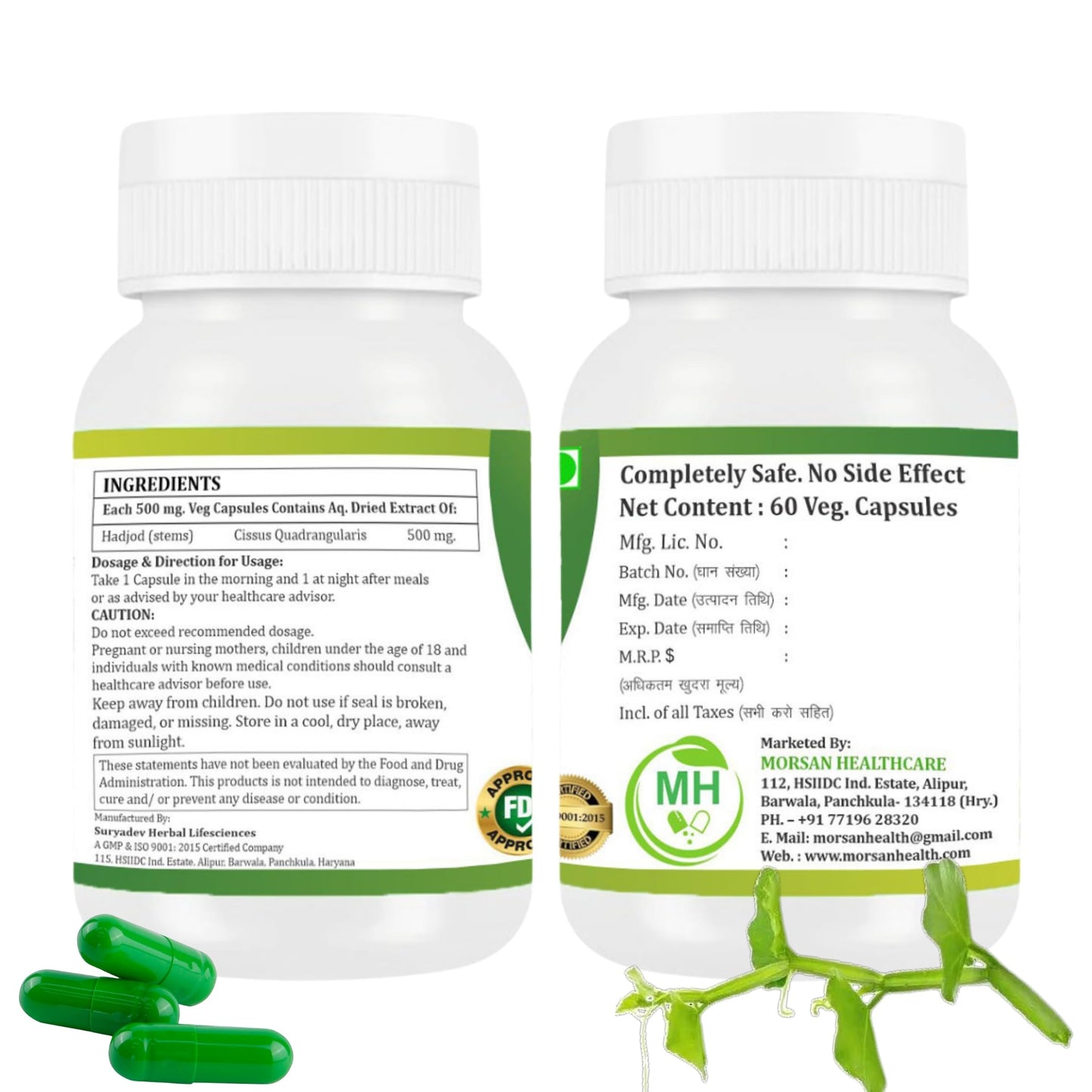 MORSAN HEALTHCARE | Hadjod Capsules 500mg – 60 Count | 2 Pack | Vegetarian | Plant-Based | Herbal Supplement | No Artificial Additives | Gluten-Free | Organic |