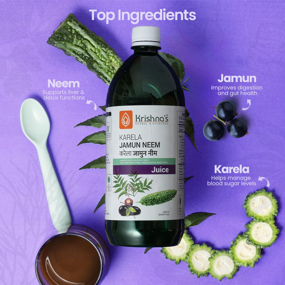 Krishna's Karela Jamun Neem Juice - 1000 ml | Blend Of Fresh Karela, Neem Juice & Jamun Seeds Ayurvedic Solution For Balancing Sugar Levels - (Pack of 2)