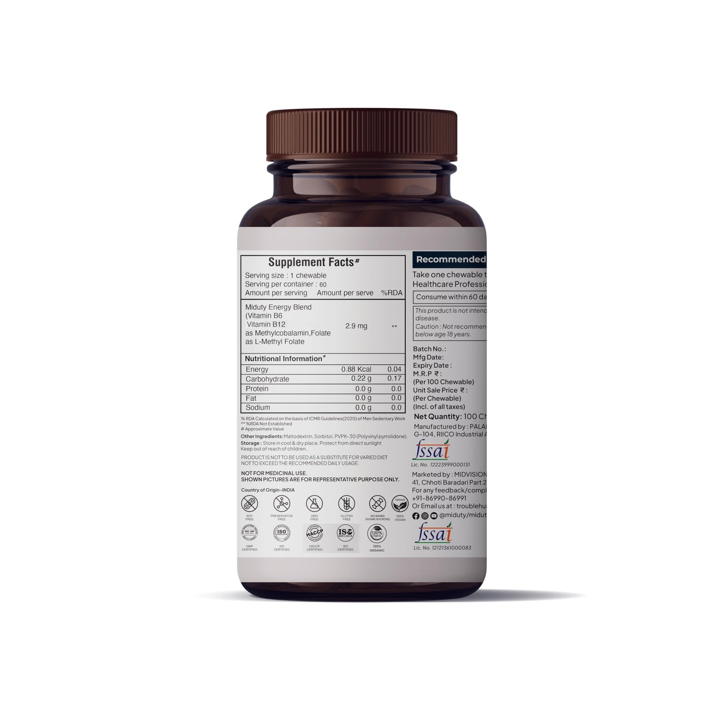 Miduty Vitamin B12 – Active Methylcobalamin - Bioactive B-Complex with B6, B9, B12 – Triple Power Punch Formula for Energy, Mood, Brain & Nerve Support – Fast Absorbing Chewable – 60 Veg Tablets